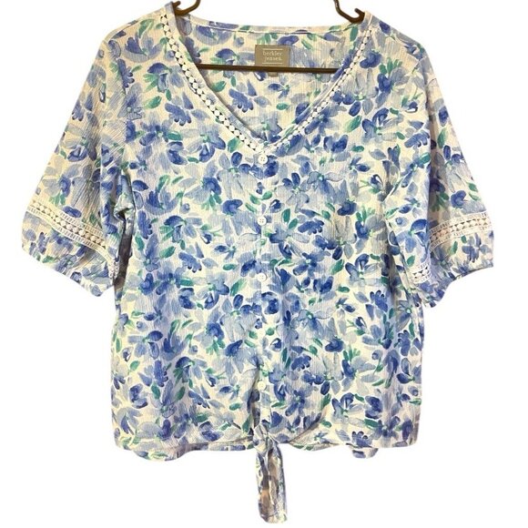 Berkley Jensen Womens Floral V-Neck Pullover Button-Down Blouse W Lace Trim Med - Picture 1 of 16